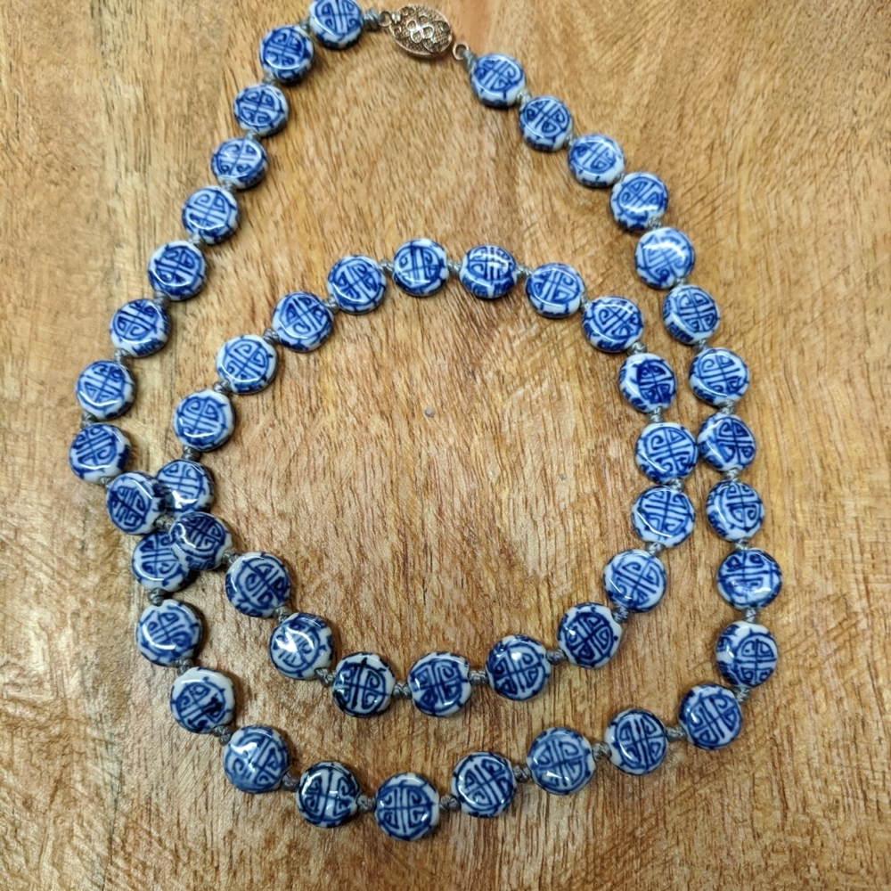 Vintage Blue & White Porcelain Bead Necklace